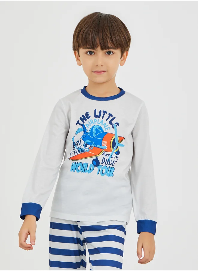 ستايلي Styli Graphic Print T-Shirt and Striped Pyjama Set