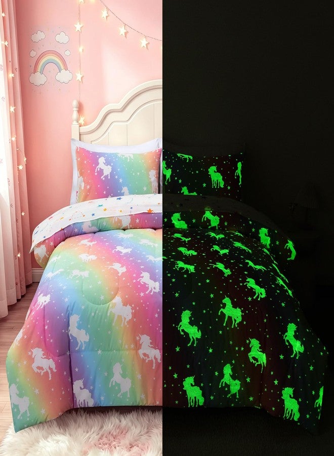 Btargot Twin Kids Comforter Sets 5 Piece Unicorn Glow in The Dark Bedding Set for Girls Bed in a Bag Pink Yellow Gradient Rainbow Comforter with Sheet - Image 1