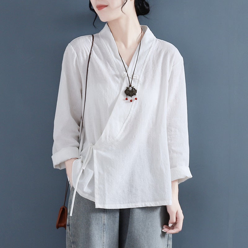 Two-Piece Sleeve Long-Sleeved Literary Oblique Placket Button-Down Shirt Women'S Long-Sleeved Spring Clothing Chinese Style Han Dynasty Top Tea Clothing 2024 - Image 4