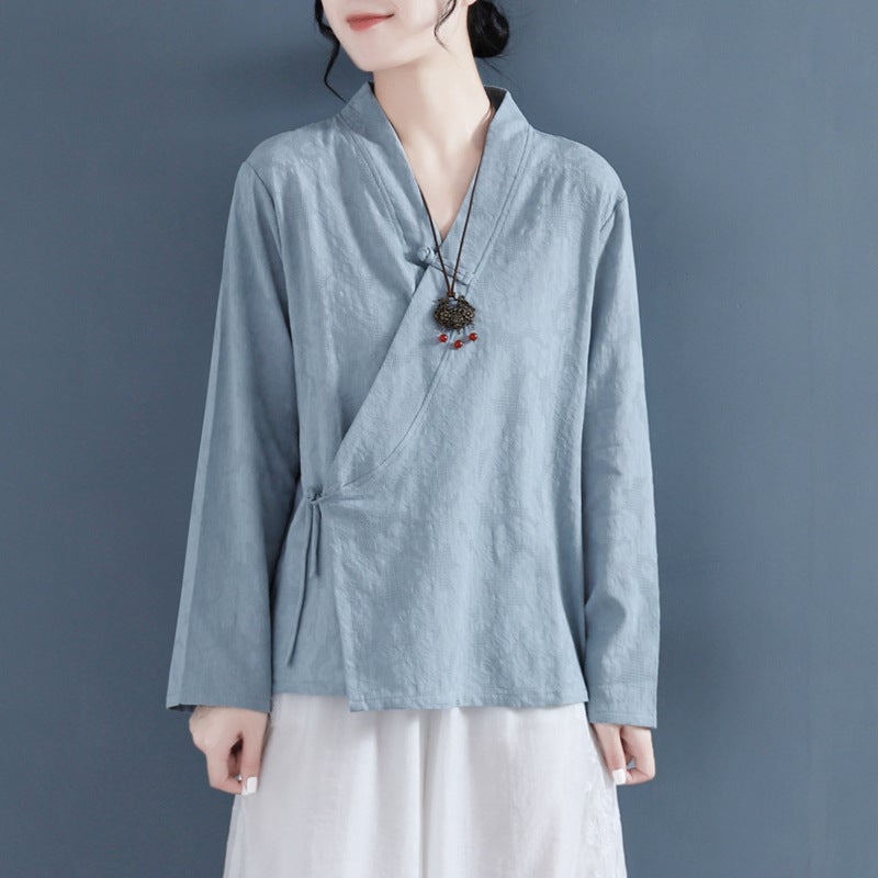 Two-Piece Sleeve Long-Sleeved Literary Oblique Placket Button-Down Shirt Women'S Long-Sleeved Spring Clothing Chinese Style Han Dynasty Top Tea Clothing 2024 - Image 3