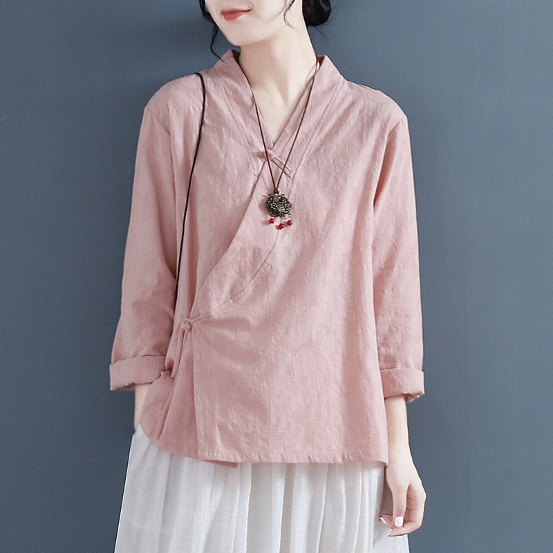 Two-Piece Sleeve Long-Sleeved Literary Oblique Placket Button-Down Shirt Women'S Long-Sleeved Spring Clothing Chinese Style Han Dynasty Top Tea Clothing 2024 - Image 1