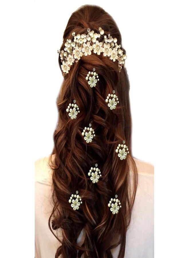 Ansh Attractive Artificial Metal Hairpin | Floral with Stones & Pearls Surrounded Hair Clips/Juda Pins | Hair Accessories for Women & Girls (Combo Pack of 1687 & 2145 - Pearl) - Image 1