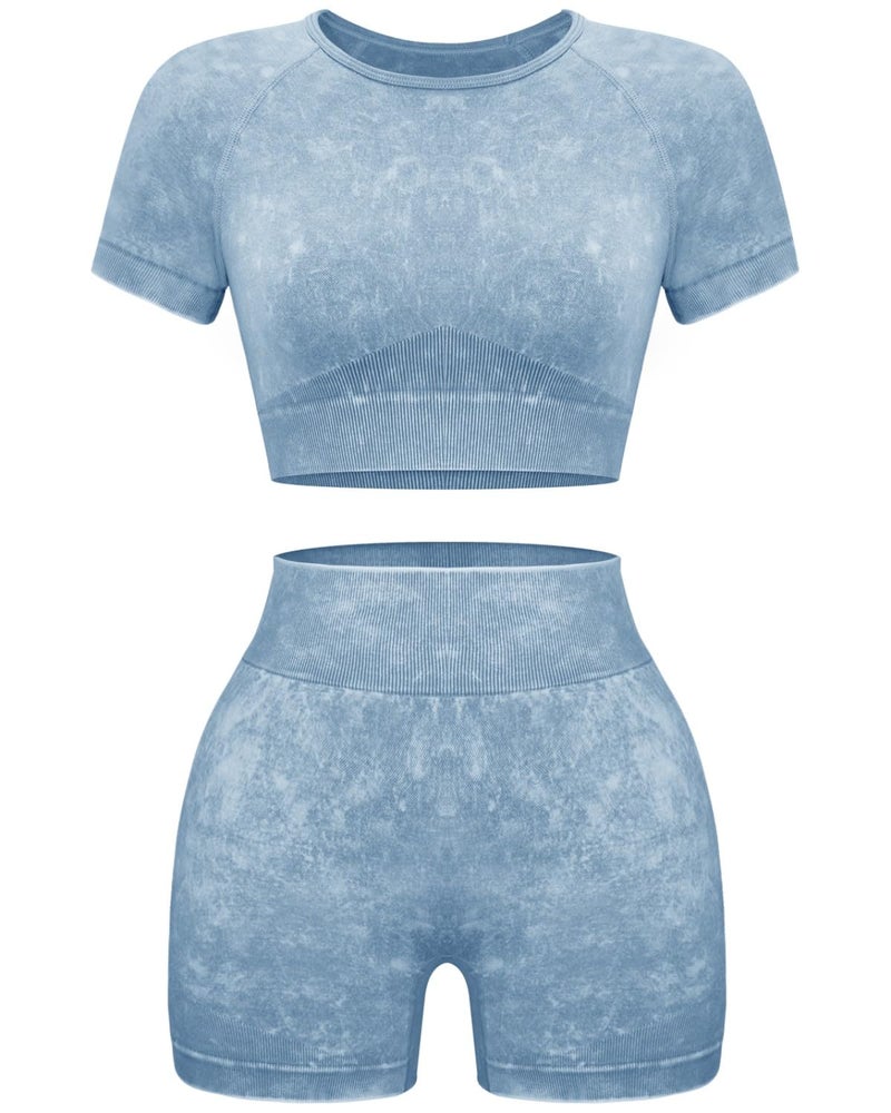 OLCHEE Womens Workout Sets 2 Piece - Seamless Acid Wash Yoga Outfits Leggings Shorts and Crop Top Matching Gym Activewear Athletic Clothing Set - Blue Medium - Image 1