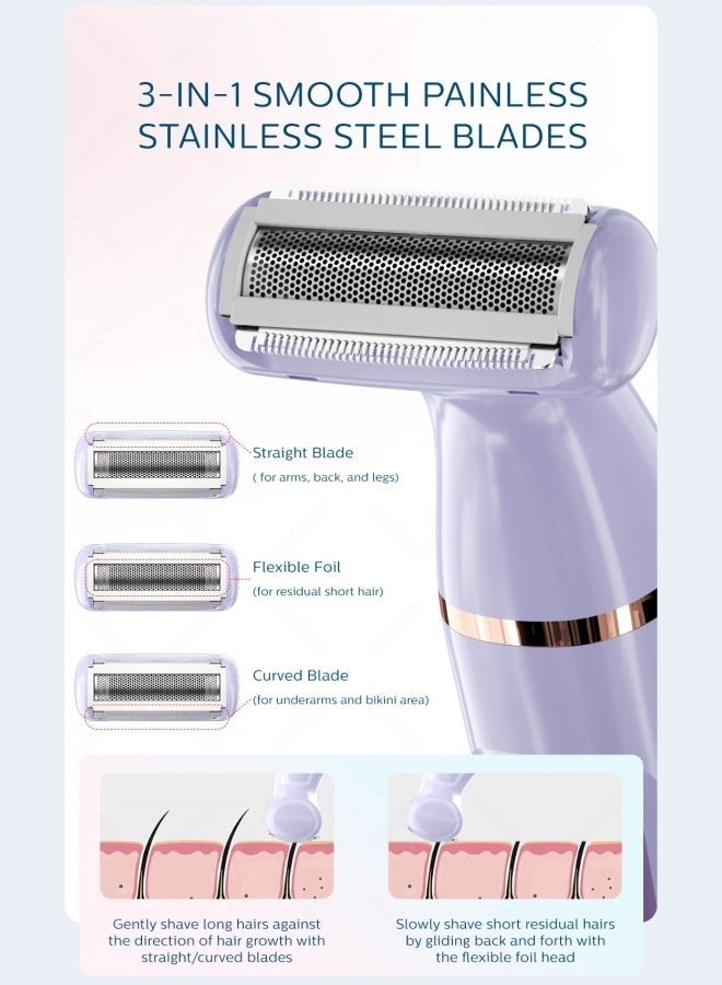 general ماكينة حلاقة كهربائية للنساء - إزالة شعر بدون ألم للجسم والساقين ومنطقة البيكيني وتحت الإبط ماكينة حلاقة للسيدات مع شفرات 3 في 1 قابلة للشحن عبر USB-C محمولة مع شاشة LED (أرجواني) - Image 5