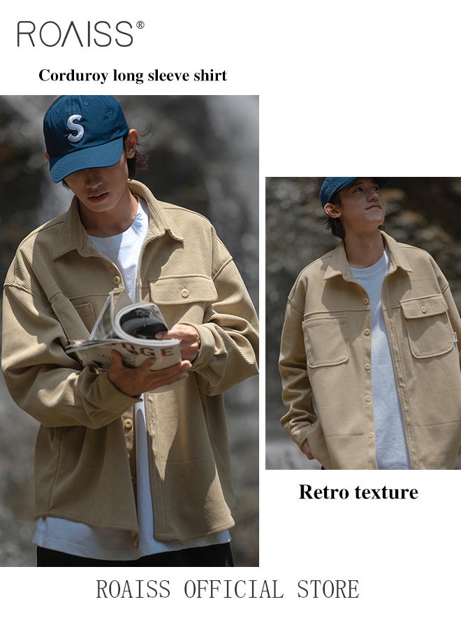 Men Solid Cargo Corduroy Long Sleeve Shirt Casual Single Breasted Pocket Shirts Jacket