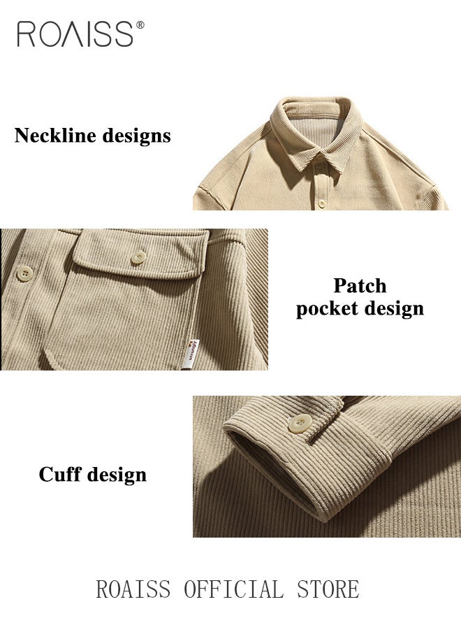 Men Solid Cargo Corduroy Long Sleeve Shirt Casual Single Breasted Pocket Shirts Jacket