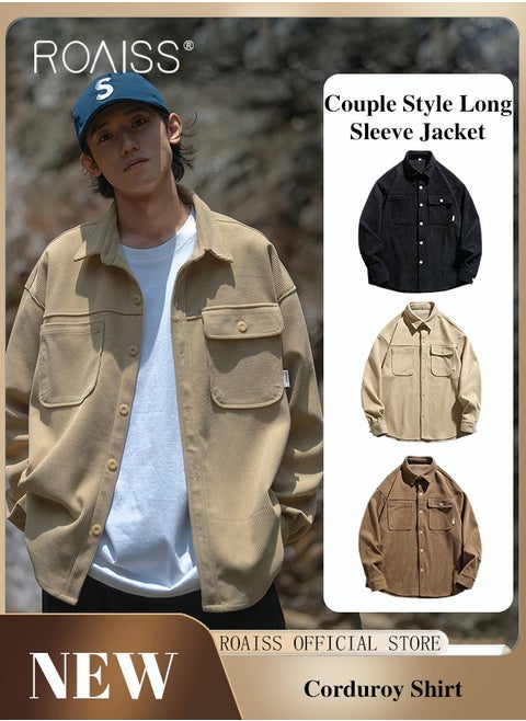 Men Solid Cargo Corduroy Long Sleeve Shirt Casual Single Breasted Pocket Shirts Jacket