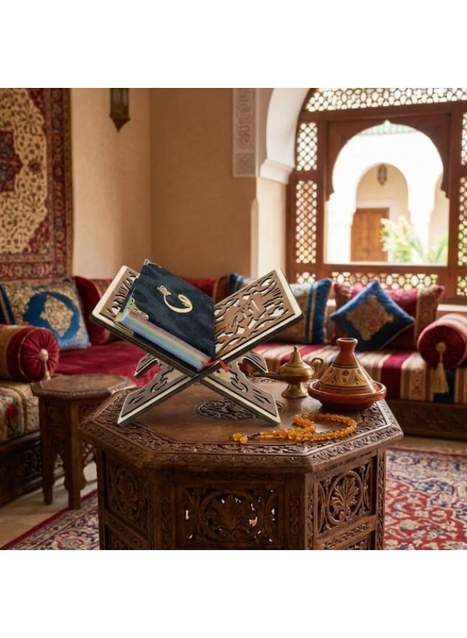 Wooden Quran Stand, Brown, Carved Design, Islamic Book Holder, Foldable, Decorative Rehal - Image 2