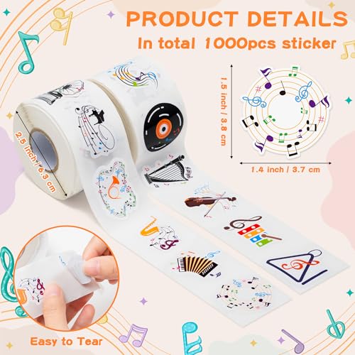 OSNIE OSINE Music Vinyl Roll Sticker - 1000Pcs with 16 Cute Patterns Musical Note Guitar Motivational Self-Adhesive Decals for Teacher Reward Party Favor Windows Water Bottle Scrapbooking Journaling Laptop - Image 2