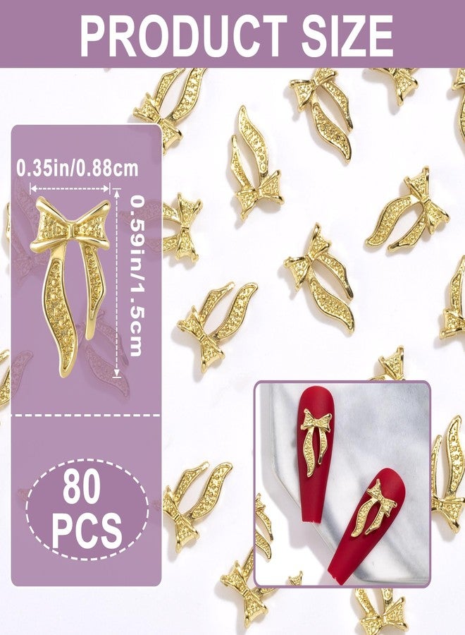 Mxxipp 80pcs Bows Nail Charms for Women, Sparkly Metal Bowknot Nail Art Supplies, Flatback Bow Manicure Accessories for DIY Acrylic Nails Craft Decorations- Gold - Image 2