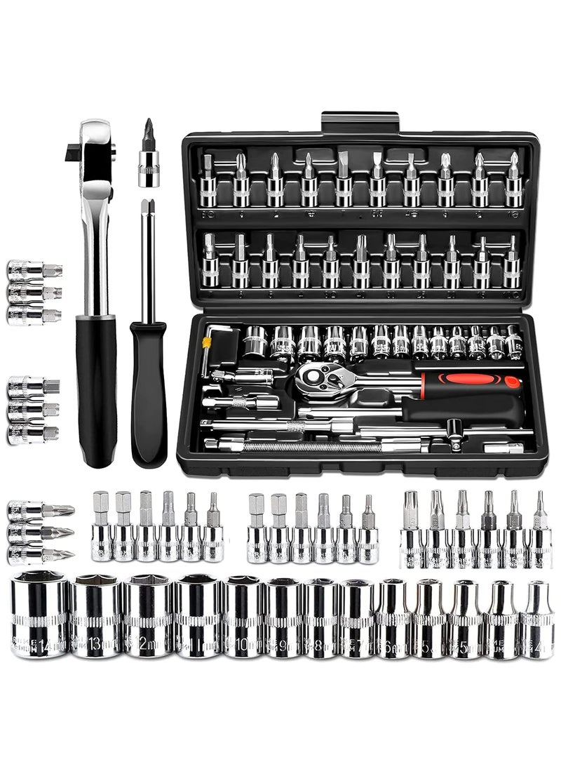 Quicknik - Quicknik Tool Kit 46Piece 14inch Screwdriver Drive Socket Wrench Set Ratchet Mechanic Tools Kit Bit Sockets with Extension Bar for Automotive Repair Household Metric with Storage Case - Image 1
