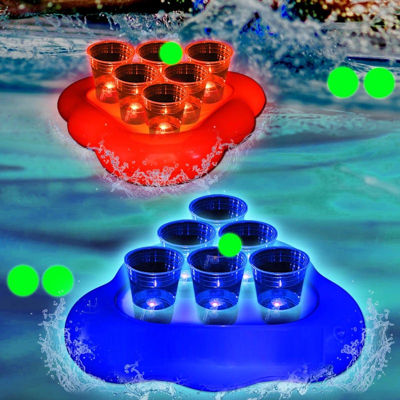 mishunyus 20 Pcs Glow Pool Pong GamesLight Up Floating Pool GamesPool Party Games for DaytimeNighttime2 Inflatable Pong RackRed Blue12 Glow Cups 6 Glowing Balls - Image 4