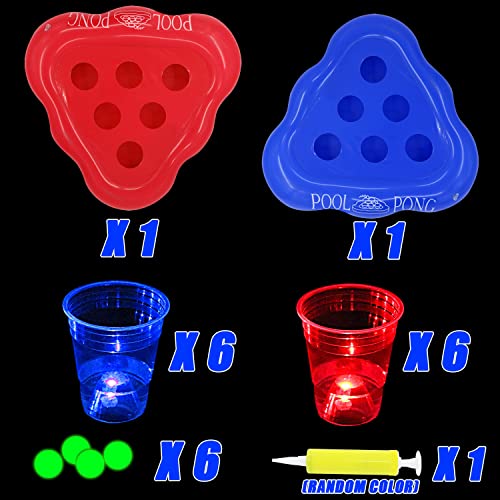 mishunyus 20 Pcs Glow Pool Pong GamesLight Up Floating Pool GamesPool Party Games for DaytimeNighttime2 Inflatable Pong RackRed Blue12 Glow Cups 6 Glowing Balls - Image 5