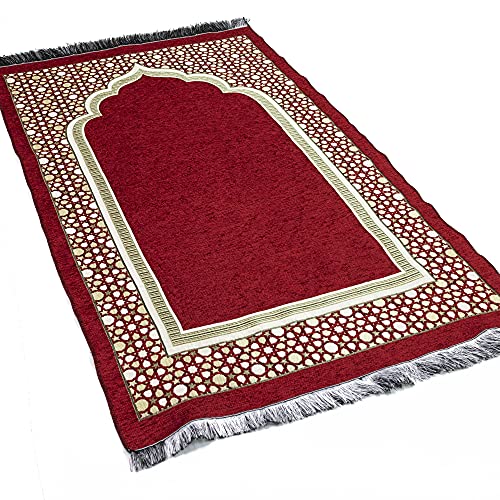 Modefa Turkish Islamic Prayer Mat - Thin Woven Chenille Sajjadah - Intricate Praying Rug Ramadan Eid Gift - Traditional Muslim Janamaz Sajada for Men Women - Geometric Selcuk Star (Red) - Image 3