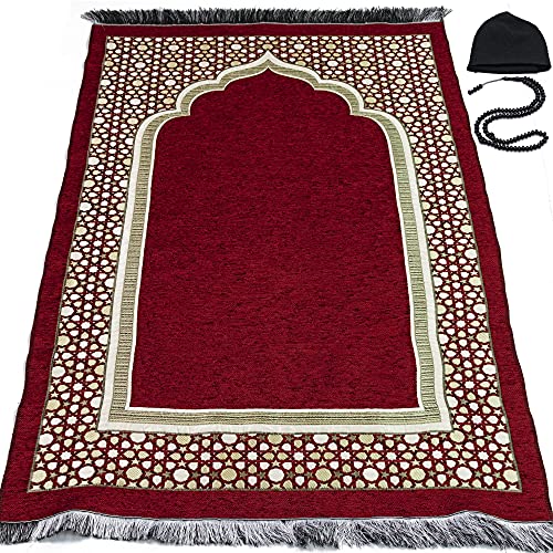 Modefa Turkish Islamic Prayer Mat - Thin Woven Chenille Sajjadah - Intricate Praying Rug Ramadan Eid Gift - Traditional Muslim Janamaz Sajada for Men Women - Geometric Selcuk Star (Red) - Image 1