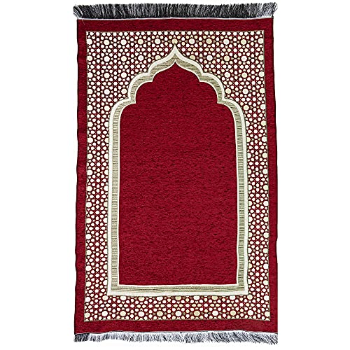 Modefa Turkish Islamic Prayer Mat - Thin Woven Chenille Sajjadah - Intricate Praying Rug Ramadan Eid Gift - Traditional Muslim Janamaz Sajada for Men Women - Geometric Selcuk Star (Red) - Image 4
