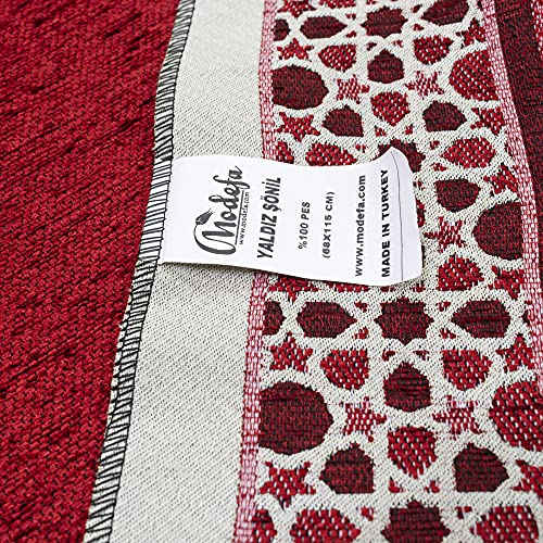 Modefa Turkish Islamic Prayer Mat - Thin Woven Chenille Sajjadah - Intricate Praying Rug Ramadan Eid Gift - Traditional Muslim Janamaz Sajada for Men Women - Geometric Selcuk Star (Red) - Image 2