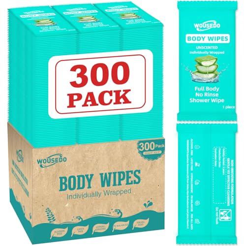 WOUSEDO 300 Pack Individually Wrapped Body Wipes (8" x 9.5"),No-Rinse Shower Wipe for Adults,Travel,Gym & Camping,Bulk Cleansing Wipes for Homeless - Image 1