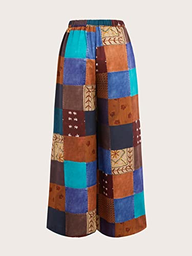 WDIRARA Women's All Over Print Patchwork Wide Leg Hippie Elastic High Waist Boho Pants Multicolor L - Image 3