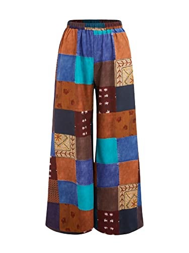 WDIRARA Women's All Over Print Patchwork Wide Leg Hippie Elastic High Waist Boho Pants Multicolor L - Image 5