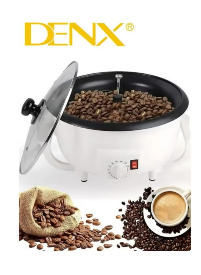محمصة قهوة كهربائية وماكينة صنع الفشار DENX DX3422 - بقوة 800 واط، وسعة 2 لتر مع غطاء زجاجي شفاف وتحكم قابل للتعديل في درجة الحرارة - مثالية لتحميص حبوب البن في المنزل، وصنع الفشار والمكسرات بسهولة