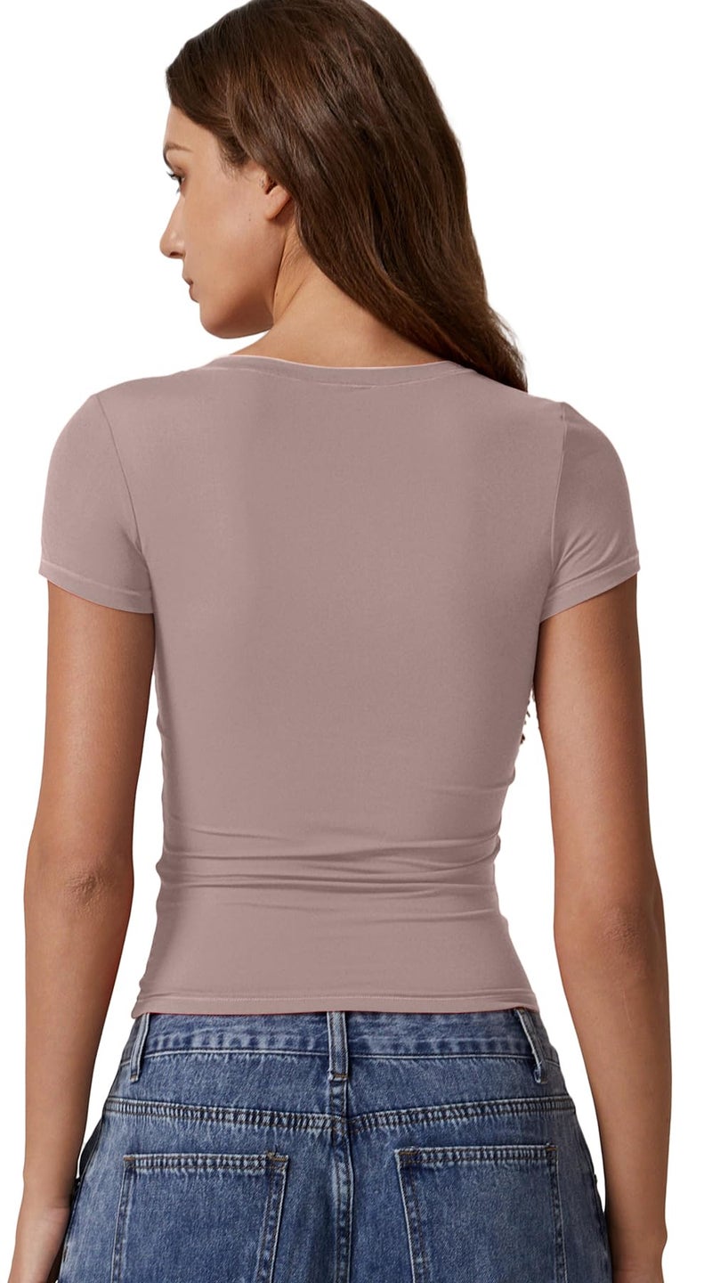 QINSEN Basic Short Sleeve Shirts for Women Crewneck Double Lined Crop Tops Side Ruched Workout Tops Rose Taupe M - Image 2