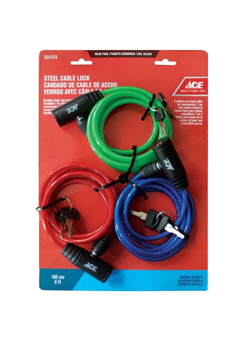 ACE Steel Cable Lock W Keys 180 x 0 6 cm, 3 Pc