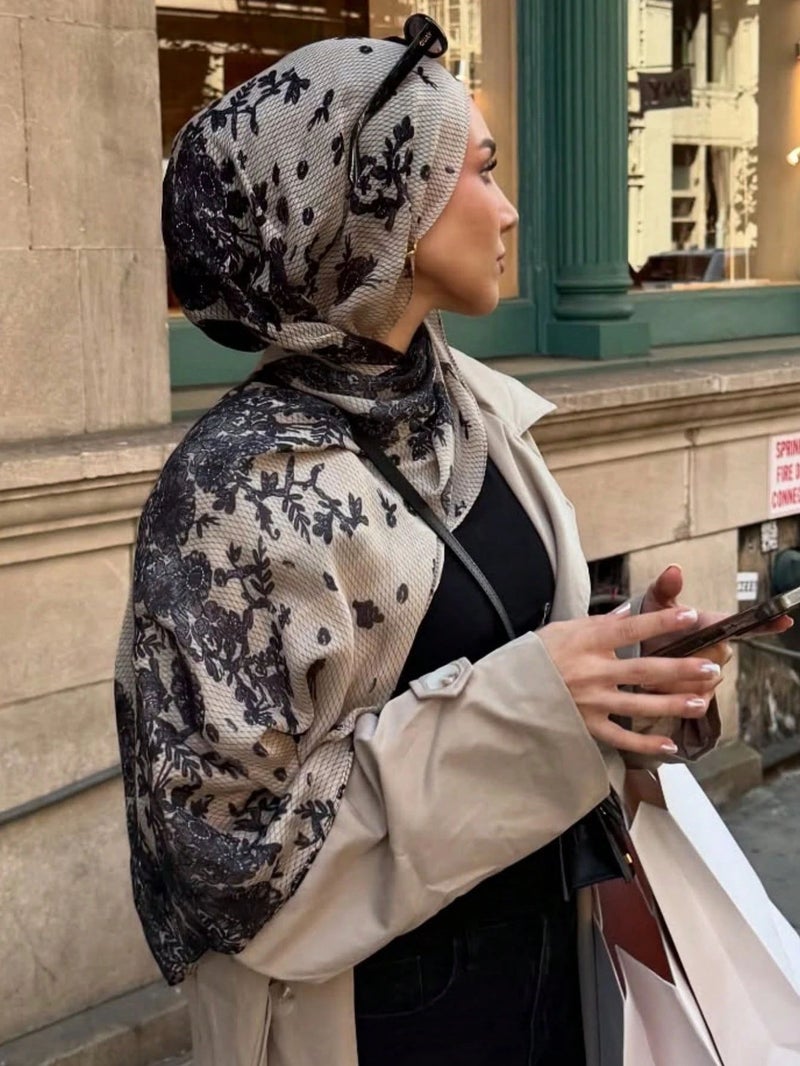FANXIN Ethnic Style Satin Polyester Shawl Wrap for Women - Elegant Floral Design, Lightweight Scarf for All Seasons