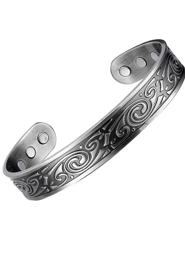Pure Copper Adjustable Cuff Bracelet with Classic Spiral Pattern and Magnets - Antique Silver  - Image 1