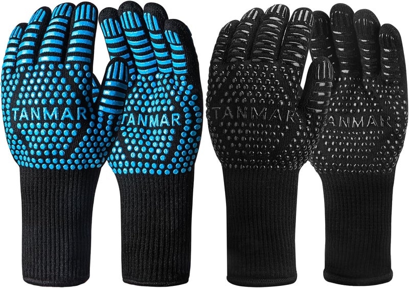 Tanmar BBQ Grill Gloves, 1472°F Extreme Heat Resistant Grilling Gloves Non-Slip Oven Mitts Potholder, Perfect for Barbecue, Cooking, Baking, 2Pairs (Blue+Black)(13" Length) - Image 1