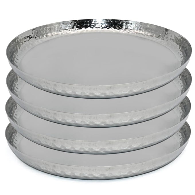 ESSENTIALS STAINLESS STEEL DINNER PLATES HAMMERED FINISH PREMIUM STEEL THALI FOR LUNCH DINNER PLATE TIFFIN PLATES IDEAL FOR HOME RESTAURANT I 30 CM PLATE SET OF 4