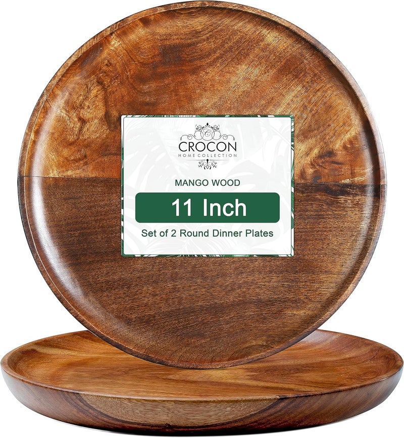 Crocon أطباق عشاء من خشب المانجو مجموعة أطباق دائرية تقديم 2 من الأطباق للجبن والقهوة وصينية تقديم الشاي والفواكه لحفلة العشاء أطباق خشبية للوجبات الخفيفة والحلويات 11 بوصة - Image 1