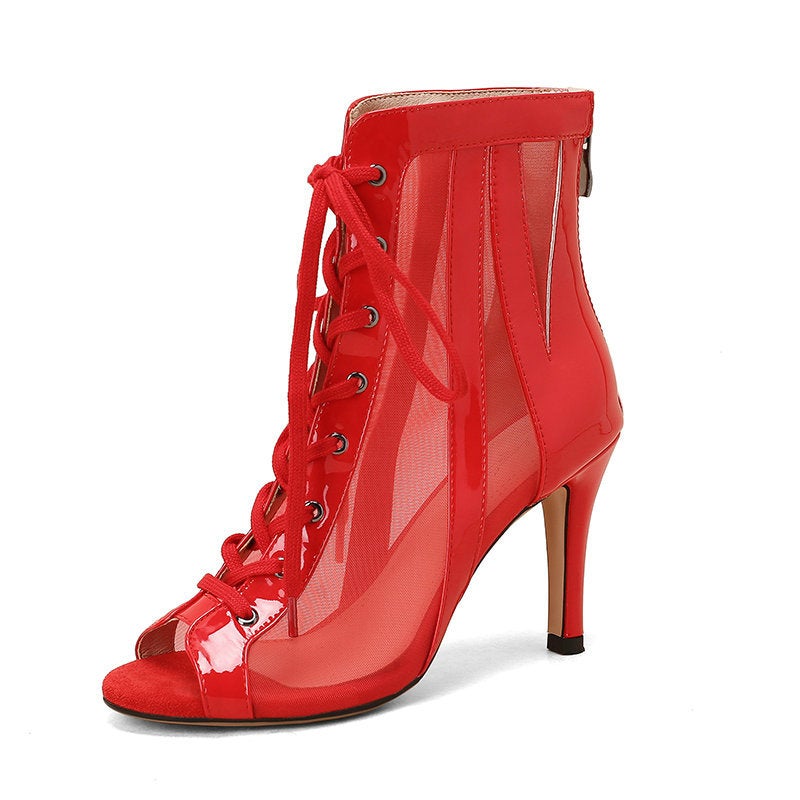 Thin Heel Fish Mouth Sandals For Women Open Toe Cut Out Short Boots Lace-Up Jazz Dance High Heels Large Size - Image 5