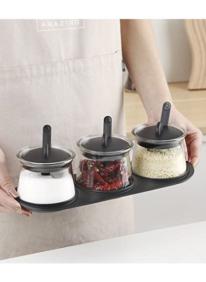 HUNGYAN HUNGYAN Glass Condiment Jar Food Storage Spice Container with Lid Cap Holder Spot Serving Spoon Pottery Cruet Pot for Your Hom Tray Kitchen Counter 1 Set Contains 3 pcs of Jar Plastic  - Image 3