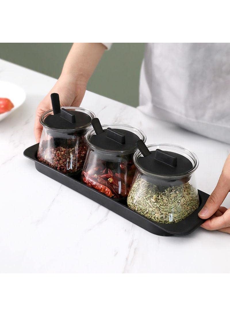 HUNGYAN HUNGYAN Glass Condiment Jar Food Storage Spice Container with Lid Cap Holder Spot Serving Spoon Pottery Cruet Pot for Your Hom Tray Kitchen Counter 1 Set Contains 3 pcs of Jar Plastic  - Image 1
