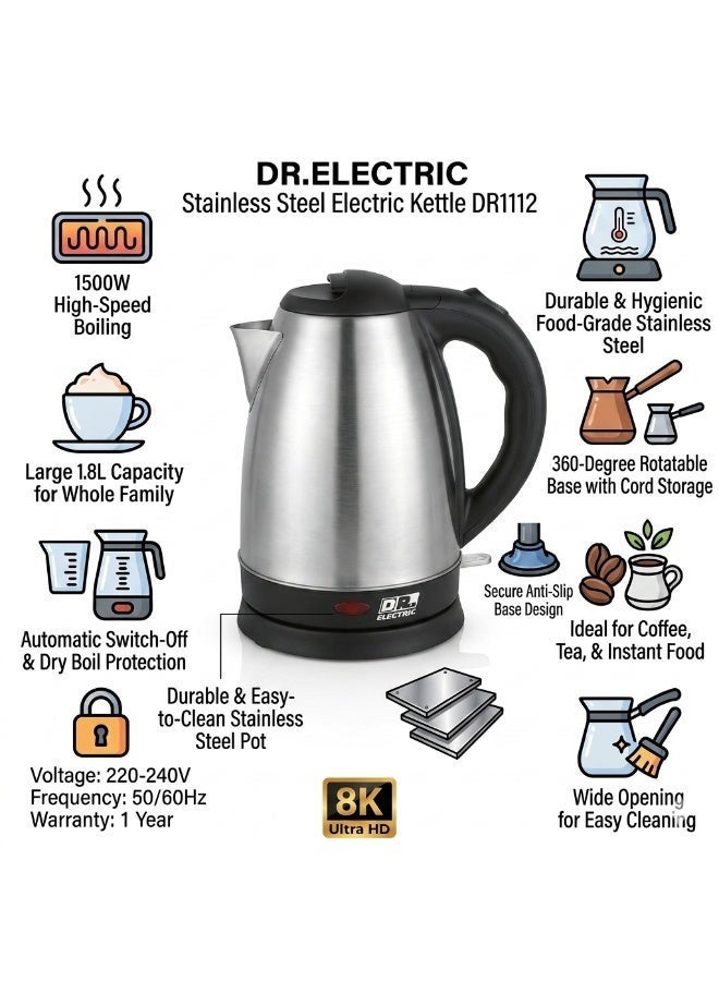 DR.ELECTRIC Stainless Steel Electric Kettle, 1.8L1500W12, 360° Swivel Base, Silver   DR11 - Image 3