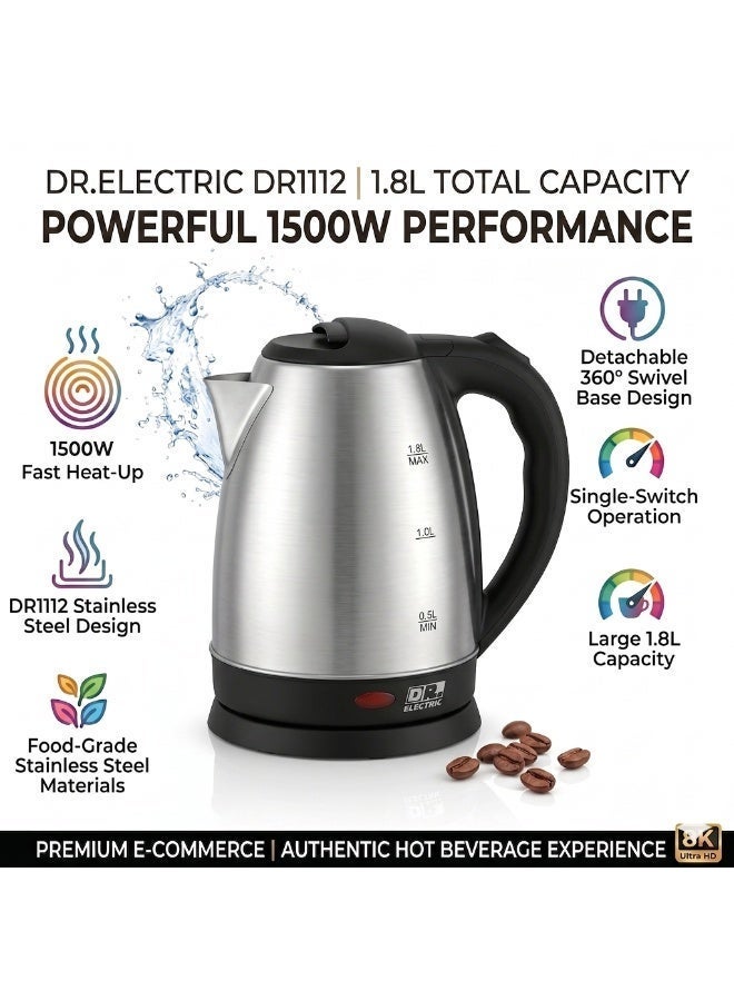 DR.ELECTRIC Stainless Steel Electric Kettle, 1.8L1500W12, 360° Swivel Base, Silver   DR11 - Image 4