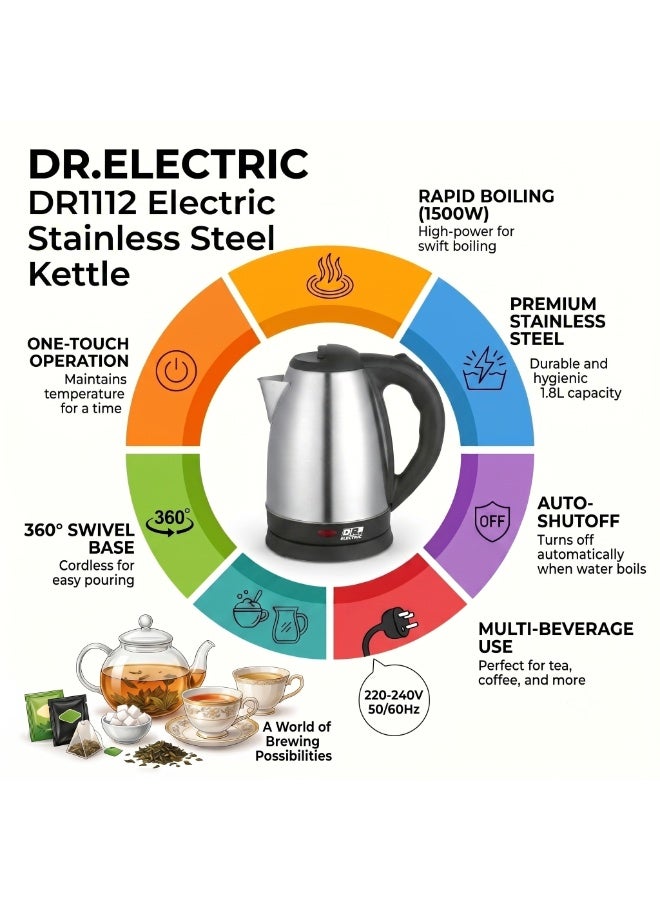 DR.ELECTRIC Stainless Steel Electric Kettle, 1.8L1500W12, 360° Swivel Base, Silver   DR11 - Image 5