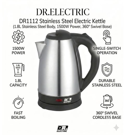 DR.ELECTRIC Stainless Steel Electric Kettle, 1.8L1500W12, 360° Swivel Base, Silver   DR11