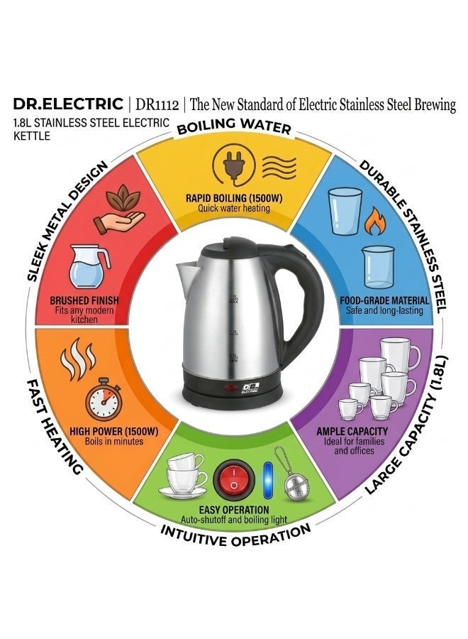 DR.ELECTRIC Stainless Steel Electric Kettle, 1.8L1500W12, 360° Swivel Base, Silver   DR11 - Image 2