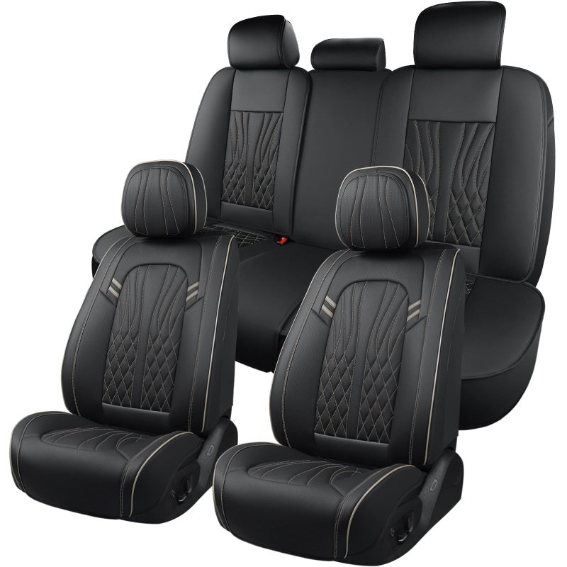 MINGBRON Leather Car Seat Covers 5 Pieces, Full Set Universal Seat Covers for Cars, Waterproof Nappa Leather Auto Seat Protectors, Black Car Seat Cover Most Sedans SUV Pick-up Truck Black&BeigeLine - Image 1