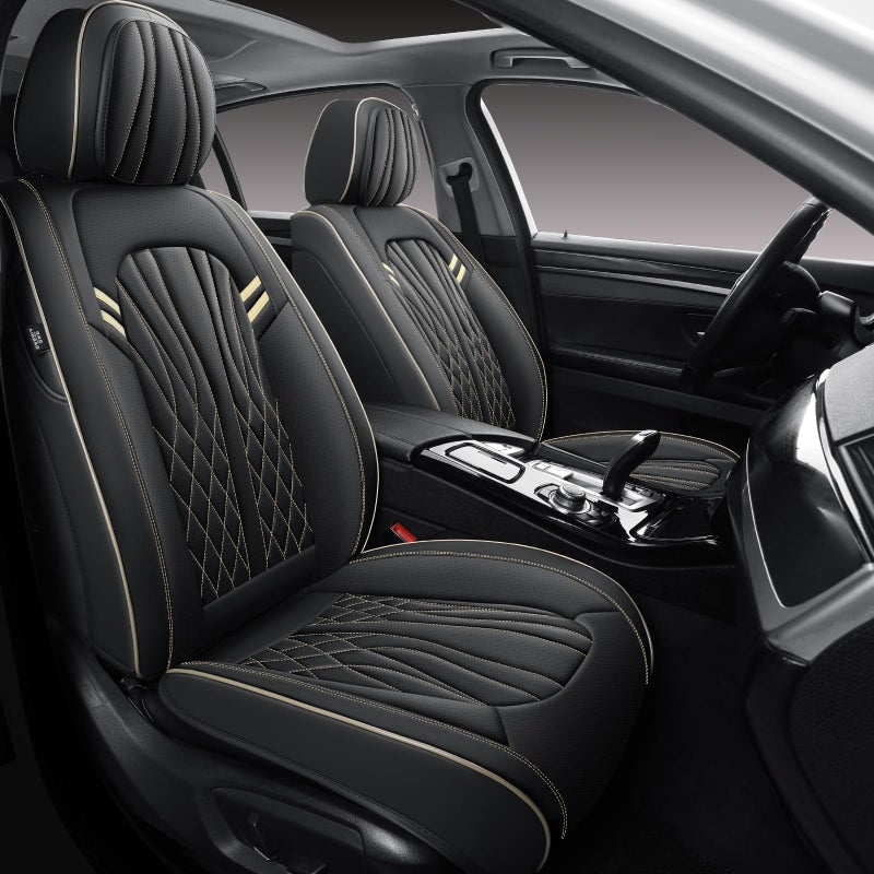 MINGBRON Leather Car Seat Covers 5 Pieces, Full Set Universal Seat Covers for Cars, Waterproof Nappa Leather Auto Seat Protectors, Black Car Seat Cover Most Sedans SUV Pick-up Truck Black&BeigeLine - Image 2