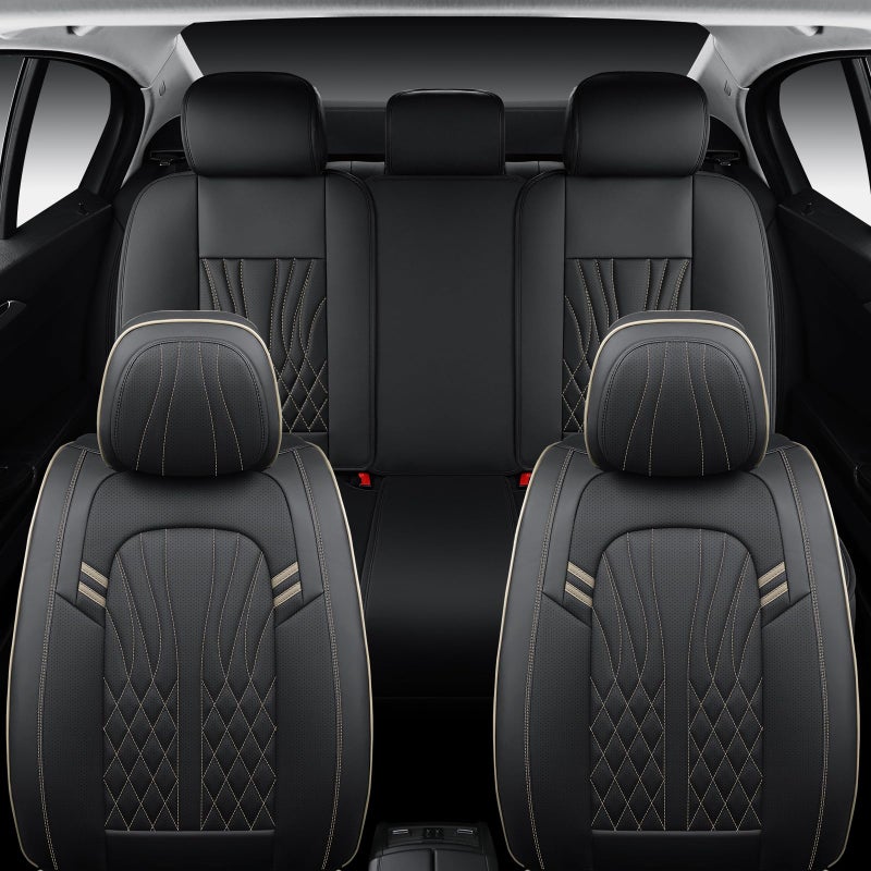 MINGBRON Leather Car Seat Covers 5 Pieces, Full Set Universal Seat Covers for Cars, Waterproof Nappa Leather Auto Seat Protectors, Black Car Seat Cover Most Sedans SUV Pick-up Truck Black&BeigeLine - Image 4