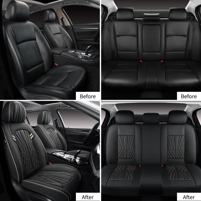 MINGBRON Leather Car Seat Covers 5 Pieces, Full Set Universal Seat Covers for Cars, Waterproof Nappa Leather Auto Seat Protectors, Black Car Seat Cover Most Sedans SUV Pick-up Truck Black&BeigeLine - Image 3