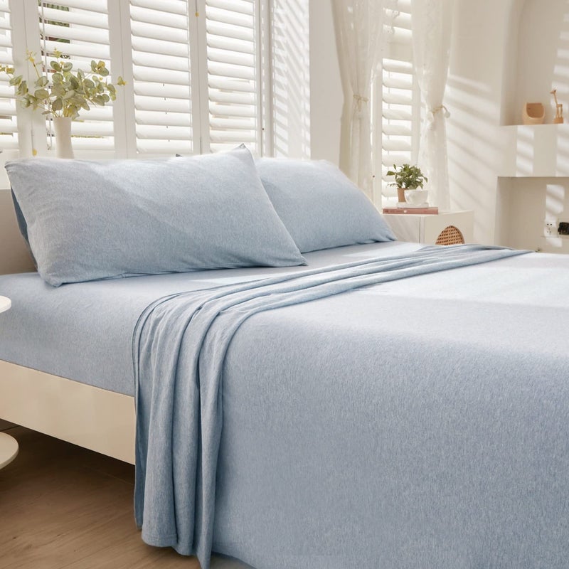 LIFETOWN LIFETOWN 100% Jersey Knit Cotton Bed Sheet Ultra Soft T-Shirt Feel Bedding Sheet 1 Piece Flat Sheet Breathable Wrinkle-Free (Heathered Greyish Blue  King)  - Image 1