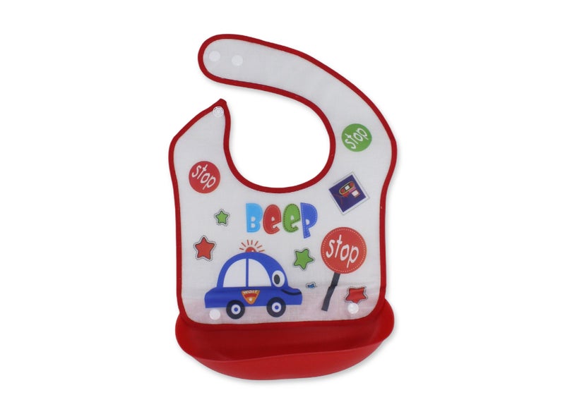 La Frutta Waterproof Pocket Bib – White & Red with Police Car Print - Image 1
