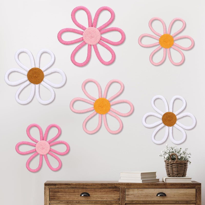 Barydat 6 Pcs Boho Nursery Decor Daisy Flower Woven Macrame Wall Hanging 3 Size Daisy Flower Wall Decor Bohemian Nursery Decorations for Home Dorm ArtCute Color
