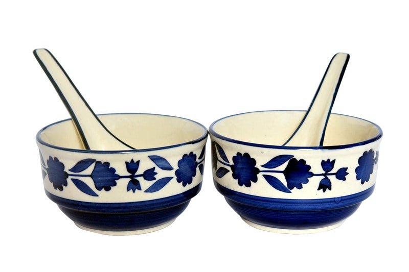 Crock Comforts Ceramic Handcrafted Stoneware Royal Blue Soup Bowl/Serving Bowl(4" Diameter) with Free Soup Spoon-Set of 2(350ml,Microwave & Dishwasher Safe,CC-BSB02)|Soup Bowl Set for Kitchen - Image 2