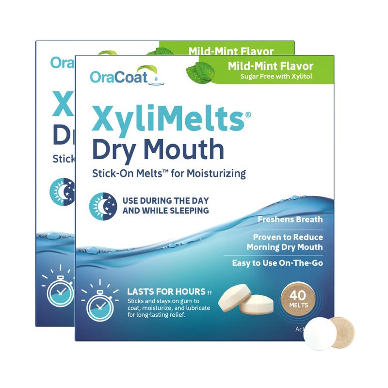 Oracoat XyliMelts for Dry Mouth Night Time or Day - Moisturizing Dry Mouth Adhering Discs, Sugar Free with Xylitol, 80 Count (2 X 40 Twin Pack), Mild Mint Flavor, 8-Hour Relief - Image 1