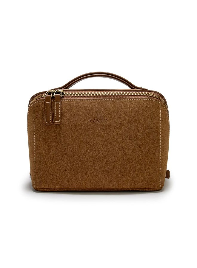 EACHY Travel Makeup Bag, Faux Suede Cosmetic Bags for Women,Large Capacity Portable Pouch Open Flat Toiletry Bag Make up Organizer with Divider and Handle - Image 1